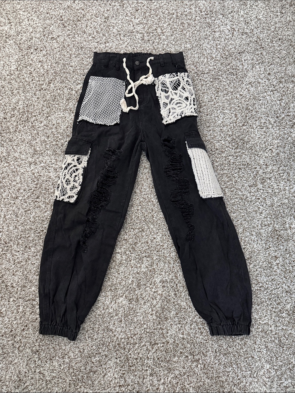 POL Black Jogger Pants with White Crochet Patchwork